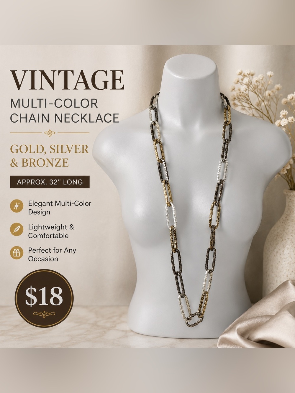 Vintage Gold Silver Bronze Multi-Color Chain Necklace 32” Long Statement